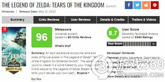 《塞尔达传说：王国之泪》赢得玩家认可 8.7分荣登2023年最高得分游戏