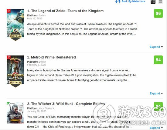 《塞尔达传说：王国之泪》荣登MC站2023年最高评分游戏