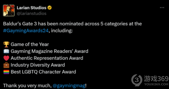 《博德3》获得同性恋游戏大奖提名：拉瑞安致谢